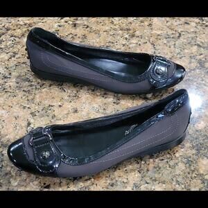 TOD’S Logo Ballet Flats Slip On Black Grey Silver Leather Womens Shoes 37.5 7.5